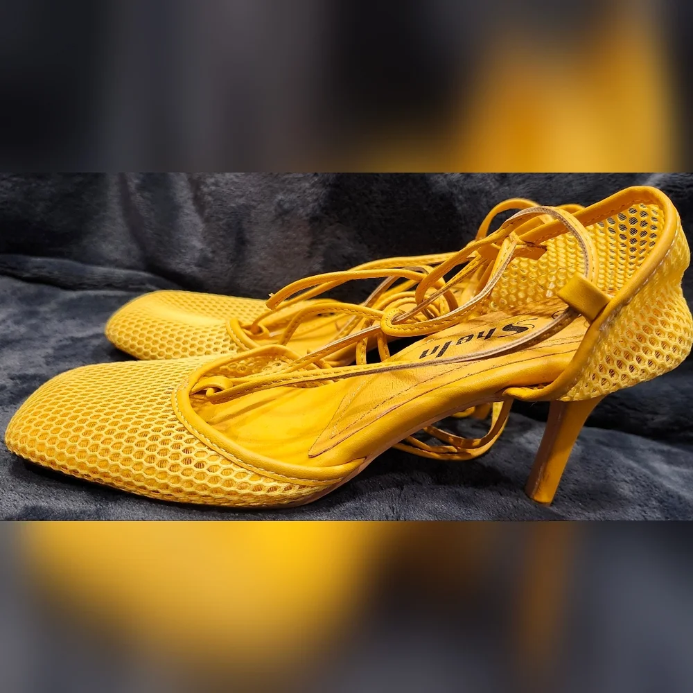 Shein Yellow Mesh Tie Around Ankle Heels Women's Size 6